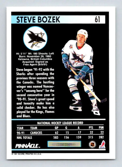 Hockey trading card of Steve Bozek in a San Jose Sharks white and teal uniform