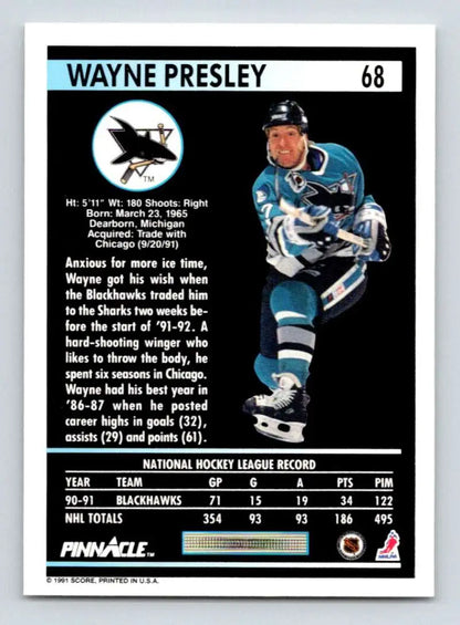 Wayne Presley San Jose Sharks hockey card in teal and black uniform from 1991-92 Pinnacle