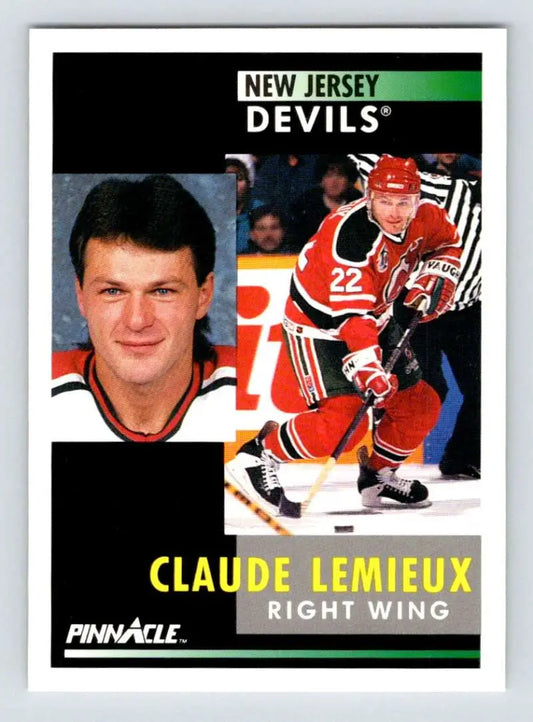 Hockey card of Claude Lemieux featuring New Jersey Devils player in action and portrait