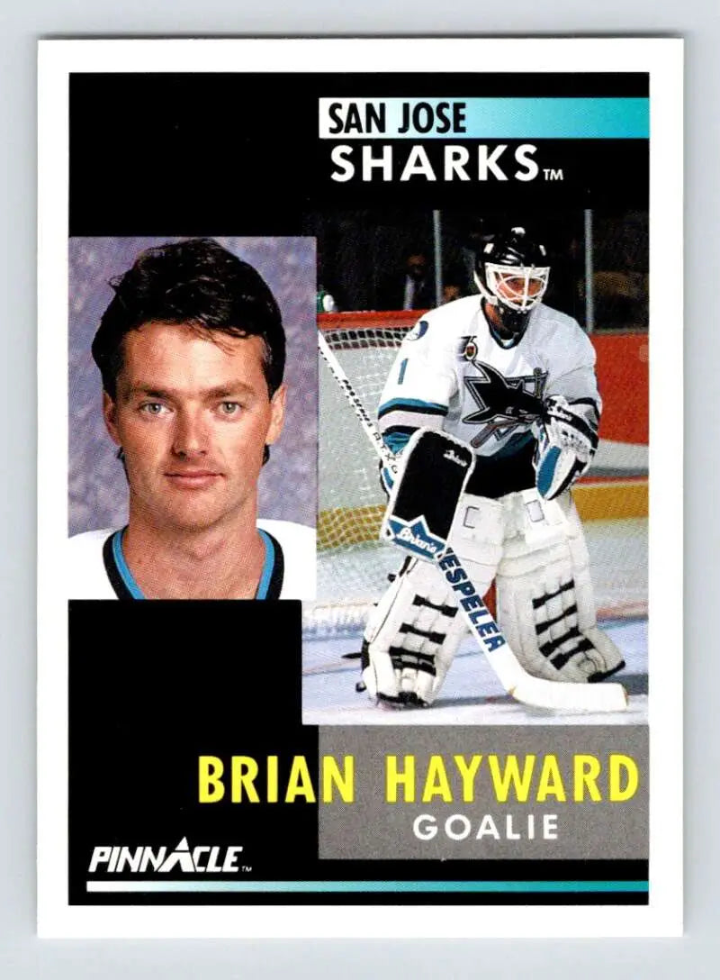 Hockey trading card of Brian Hayward, San Jose Sharks goalie in action and portrait poses