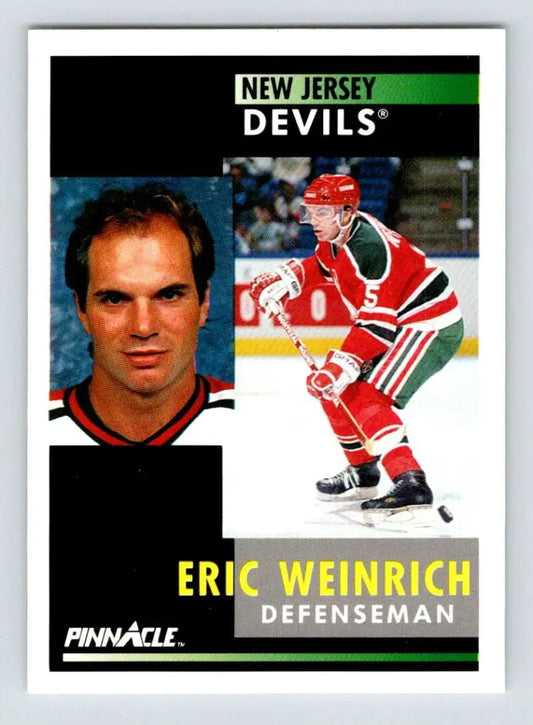 Hockey card of Eric Weinrich, New Jersey Devils defenseman in portrait and action poses