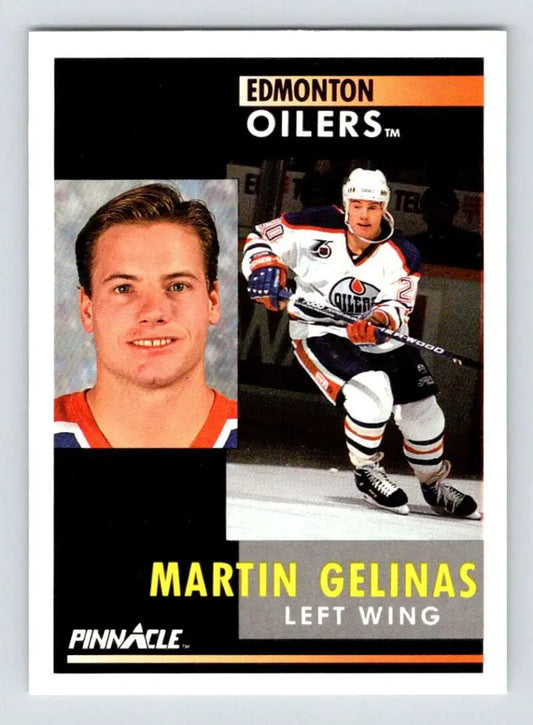 Edmonton Oilers hockey card of Martin Gelinas with headshot and action photo