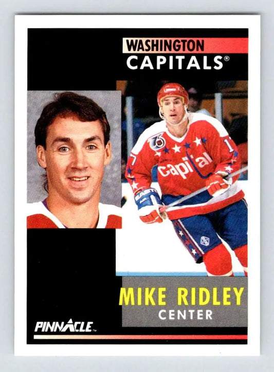 Hockey card of Mike Ridley showcasing Washington Capitals player in action and portrait