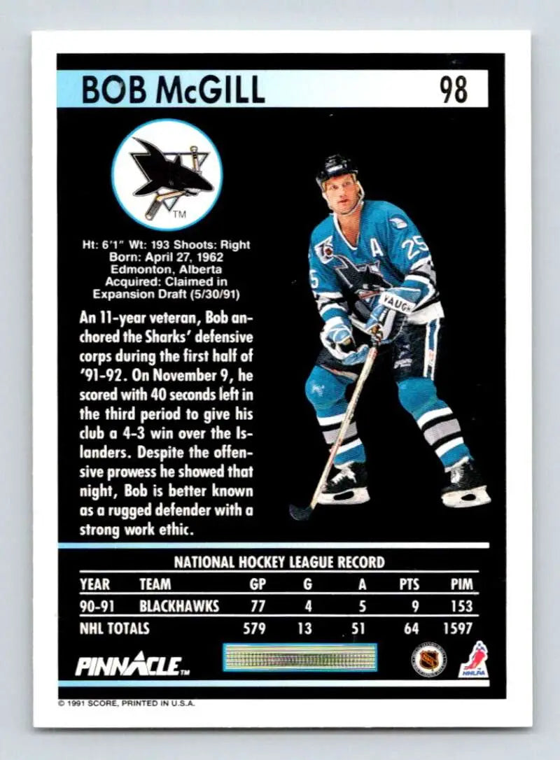 Hockey trading card of Bob McGill in a San Jose Sharks uniform from 1991-92 Pinnacle