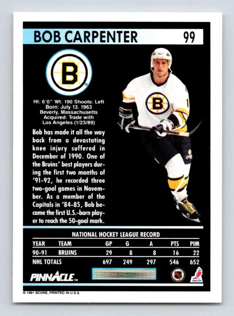 Boston Bruins Hockey trading card of Bob Carpenter in black and gold uniform