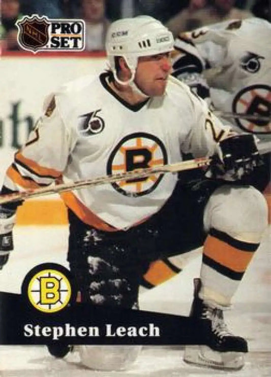 Hockey player in white Boston Bruins jersey highlights Stephen Leach Hockey Card