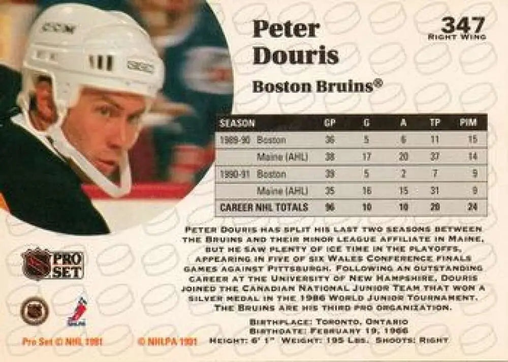 Hockey trading card of Peter Douris from Pro Set featuring Boston Bruins stats