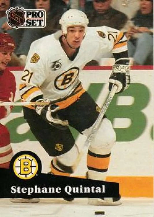 NHL Pro Set hockey card featuring Stephane Quintal of the Boston Bruins in white jersey