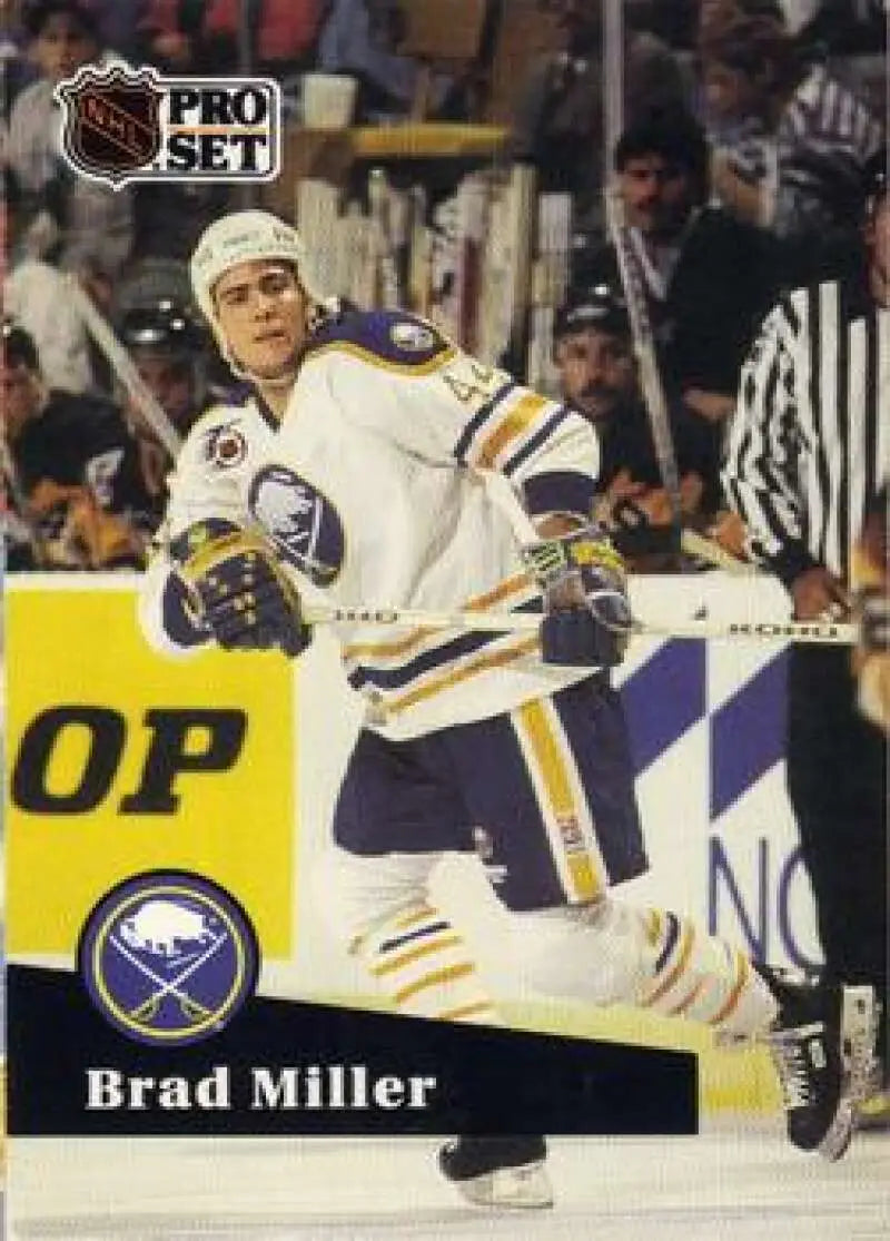 NHL Pro Set card of Brad Miller in Buffalo Sabres jersey during gameplay action