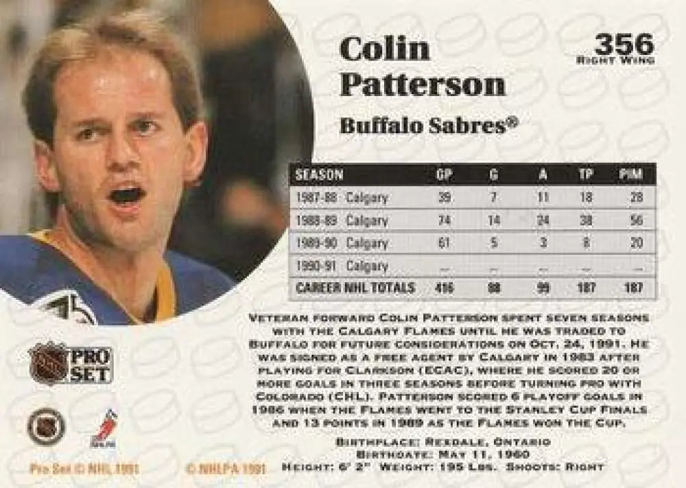 1991-92 Pro Set #356 Colin Patterson Buffalo Sabres Hockey Card with player stats