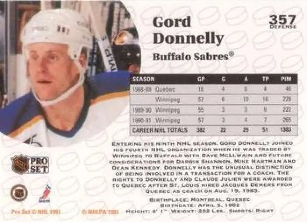 Hockey card of Gord Donnelly in white jersey for Buffalo Sabres 1991-92 Pro Set #357