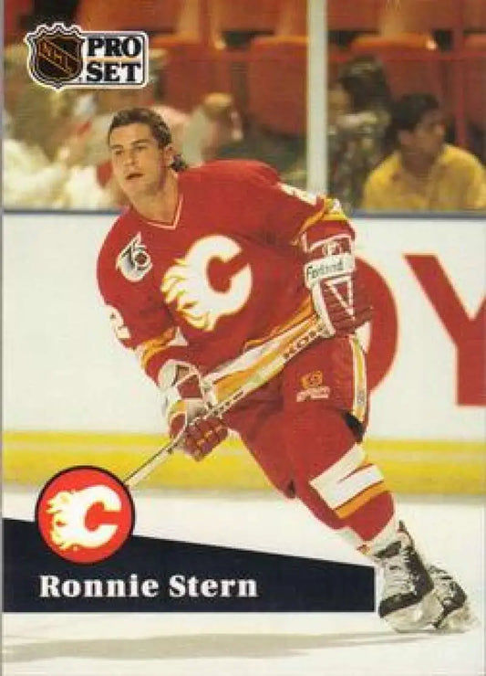 Hockey player in red Calgary Flames jersey representing Ronnie Stern on the ice