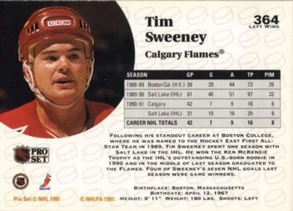 Tim Sweeney 1991-92 Pro Set hockey card with Calgary Flames red helmet design