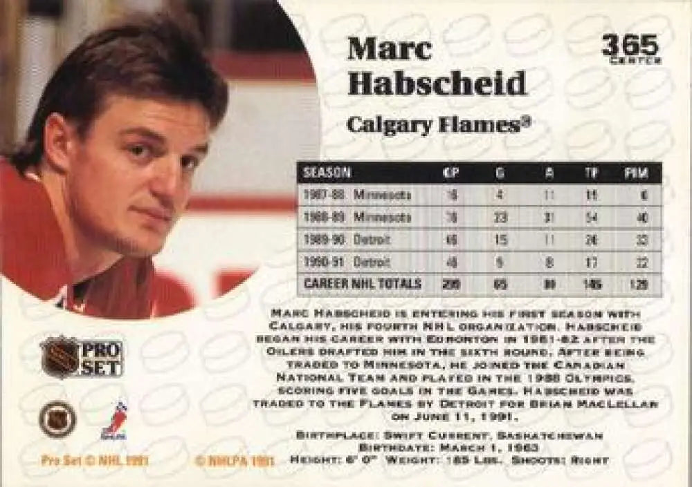 1991-92 Pro Set #365 Marc Habscheid Calgary Flames Hockey Card with player stats