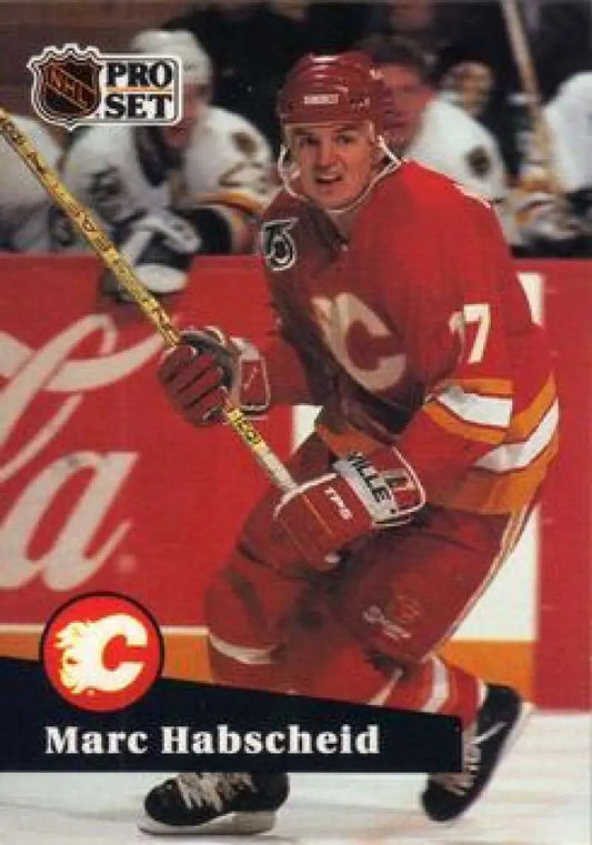 NHL Pro Set hockey card of Marc Habscheid in red Calgary Flames jersey