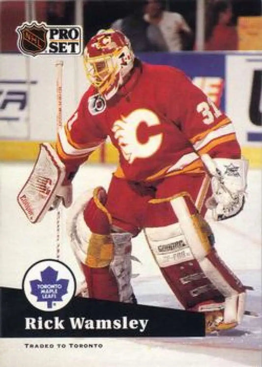 NHL Pro Set hockey card featuring Rick Wamsley of the Calgary Flames in red uniform