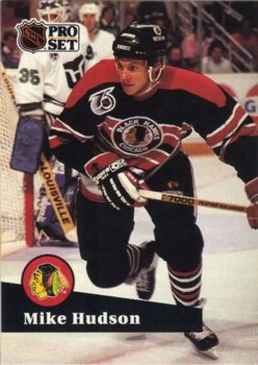 NHL Pro Set hockey card featuring Mike Hudson in a Chicago Blackhawks jersey