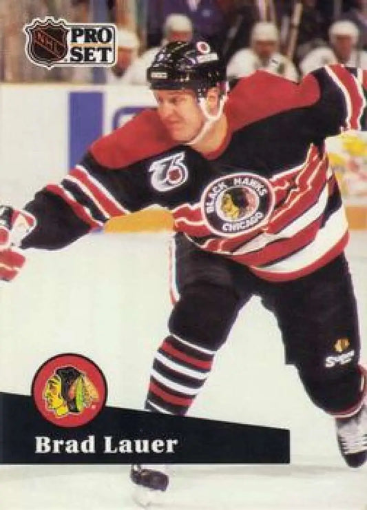 NHL Pro Set hockey card of Brad Lauer in Chicago Blackhawks classic jersey design