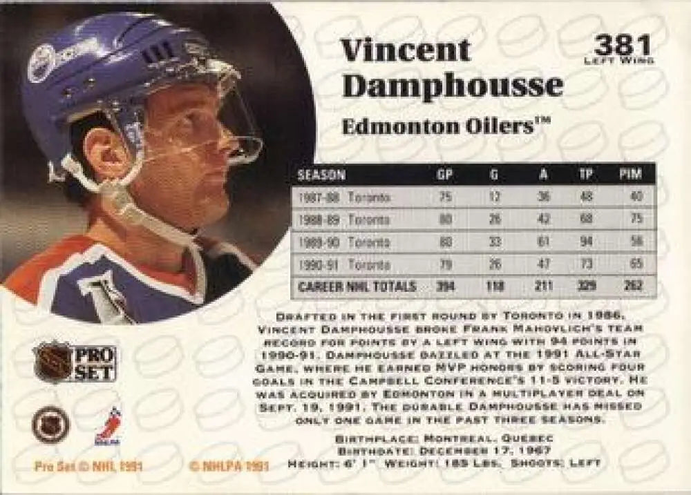 Hockey card of Vincent Damphousse in blue Edmonton Oilers jersey, 1991-92 Pro Set #381