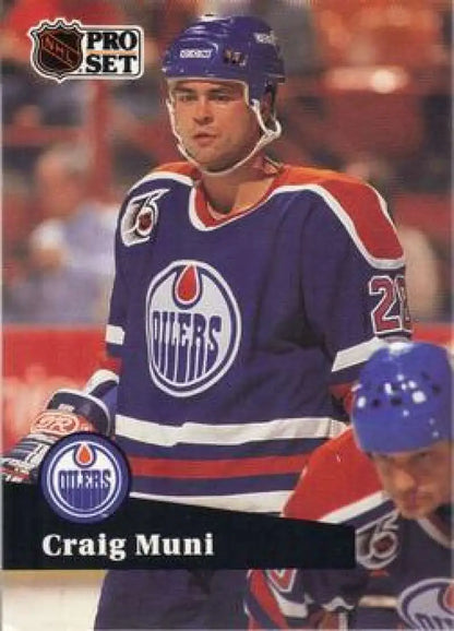 Edmonton Oilers Hockey trading card of Craig Muni in blue and orange uniform