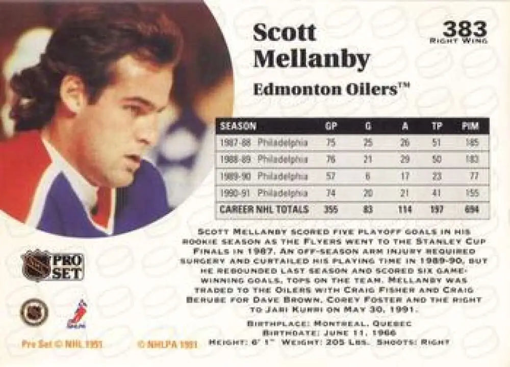 Hockey card of Scott Mellanby in blue Edmonton Oilers jersey from 1991-92 Pro Set