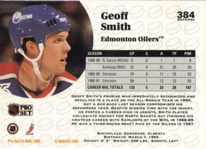 Hockey card of Geoff Smith from Edmonton Oilers in blue helmet, 1991-92 Pro Set