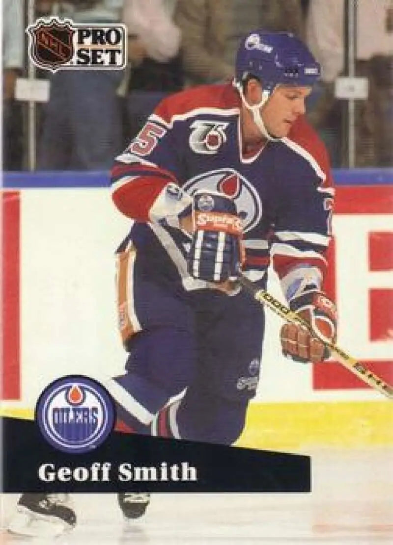 NHL Pro Set hockey card of Geoff Smith in Edmonton Oilers navy and orange uniform