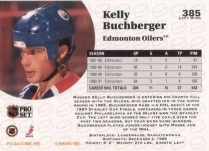 Hockey card of Kelly Buchburger from the Edmonton Oilers with blue helmet detail