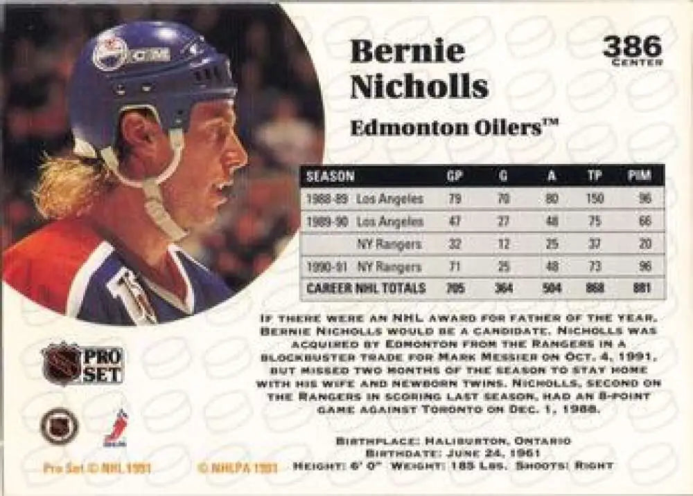 Hockey card of Bernie Nicholls in blue helmet for Edmonton Oilers Pro Set 1991-92