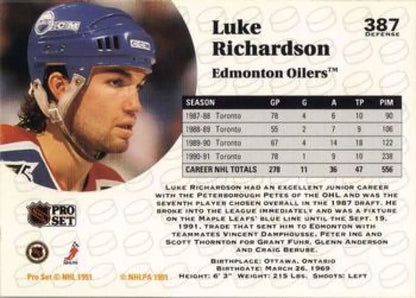 Hockey card featuring Luke Richardson of the Edmonton Oilers in a blue helmet