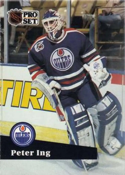 Hockey card of Peter Ing in navy blue jersey for Edmonton Oilers 1991-92 Pro Set