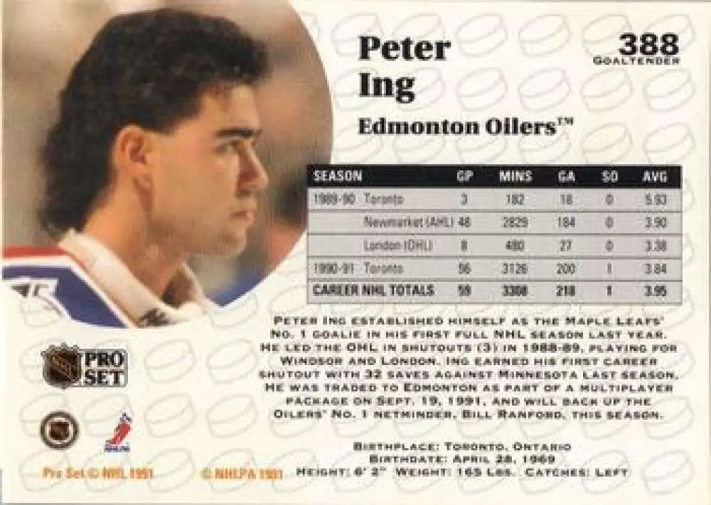 1991-92 Pro Set #388 Peter Ing NM-MT Edmonton Oilers hockey card collectible image