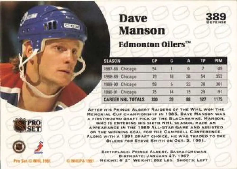 Hockey card of Dave Manson featuring Edmonton Oilers player in blue helmet