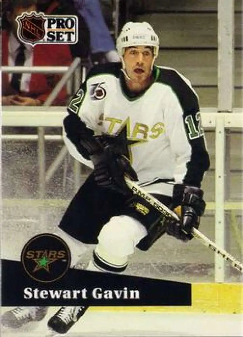 NHL Pro Set hockey card of Stewart Gavin from Minnesota North Stars in white and black uniform