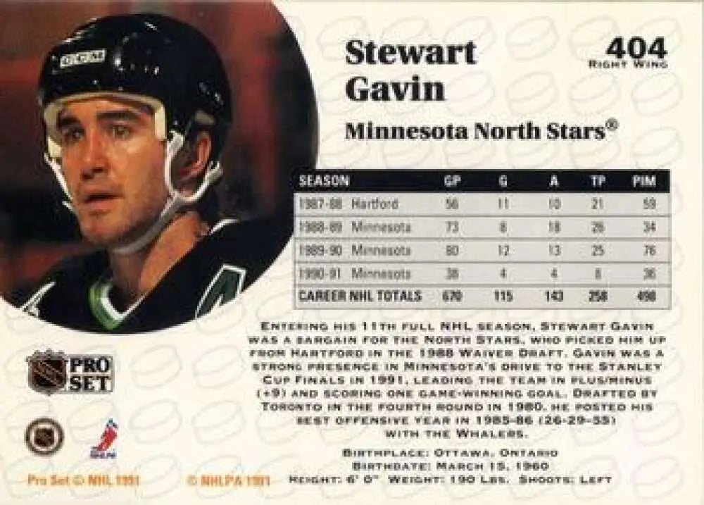 Hockey trading card of Stewart Gavin from the Minnesota North Stars in a black helmet