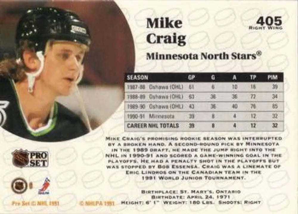 Hockey trading card of Mike Craig from the Minnesota North Stars with a black helmet