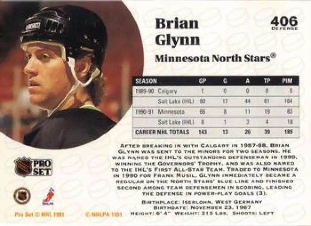 Hockey card of Brian Glynn from Minnesota North Stars with black helmet design