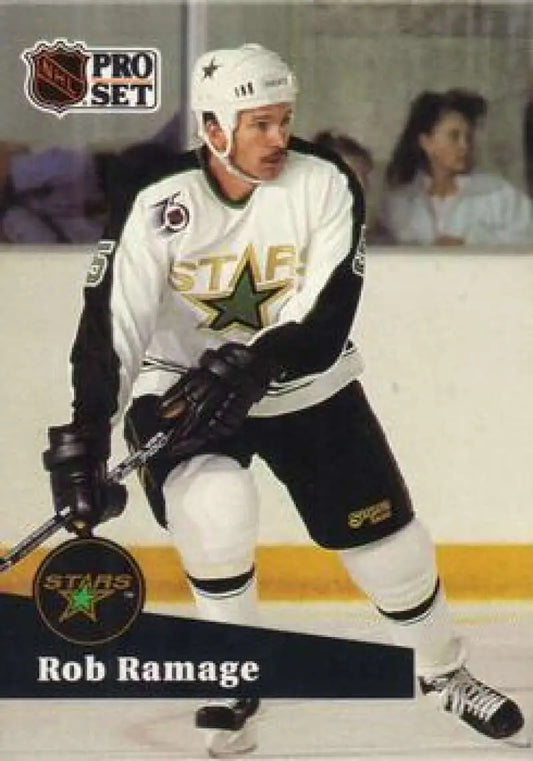 NHL Pro Set hockey card of Rob Ramage in Minnesota North Stars white jersey