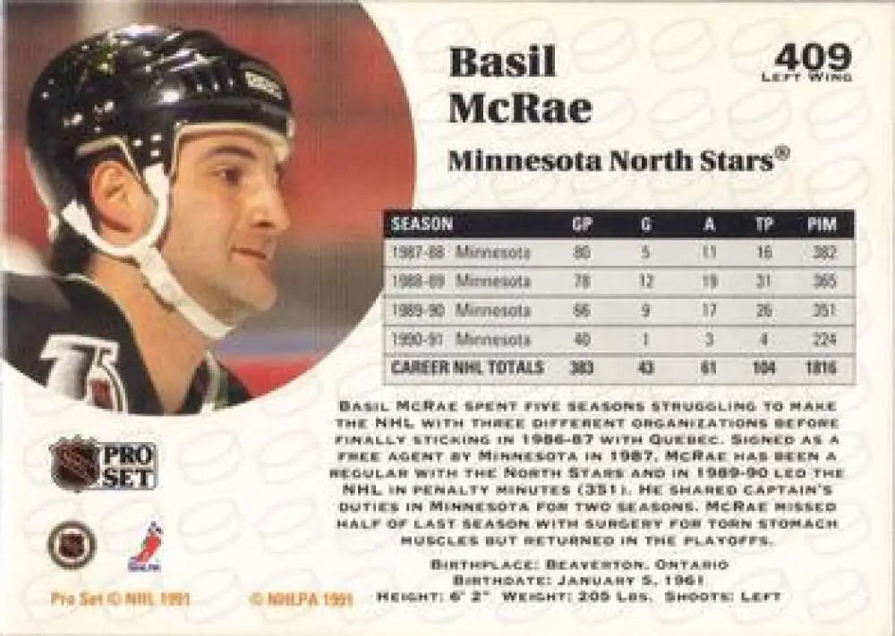 Hockey trading card of Basil McRae, Minnesota North Stars player in black helmet