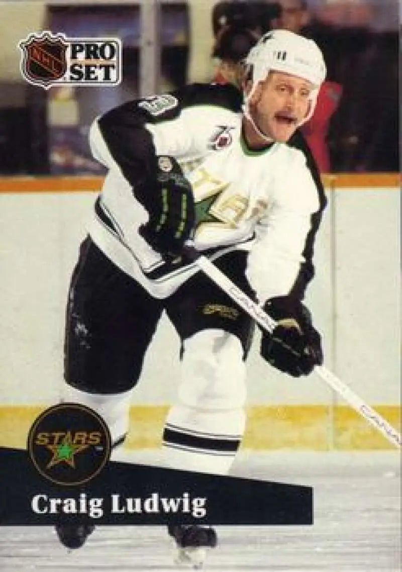 NHL Pro Set hockey card of Craig Ludwig with Minnesota North Stars in white jersey