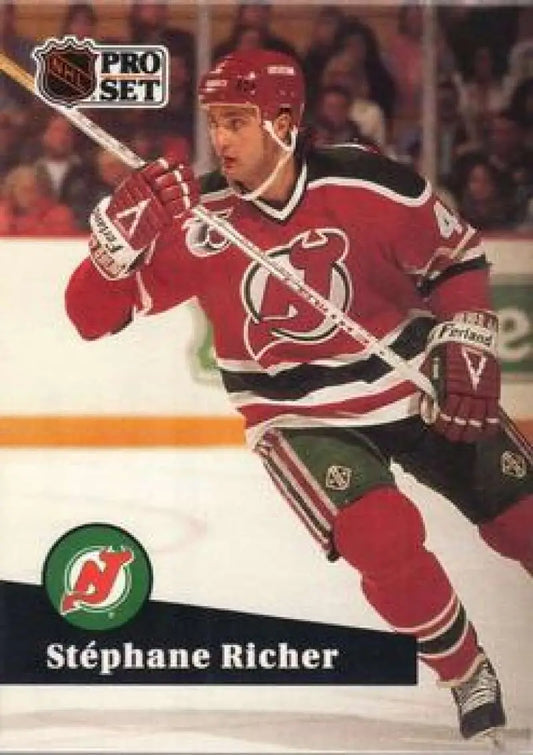 Stephane Richer New Jersey Devils hockey card in red and black uniform, 1991-92 Pro Set