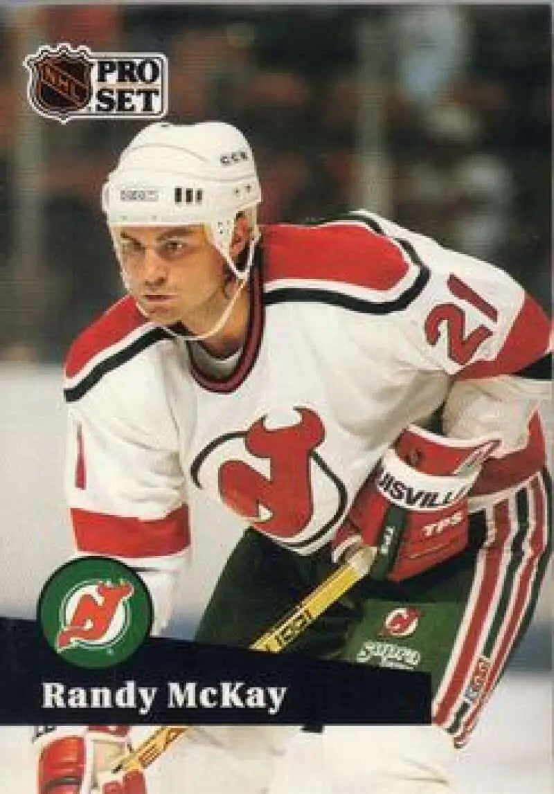 NHL Pro Set hockey card of Randy McKay in New Jersey Devils jersey