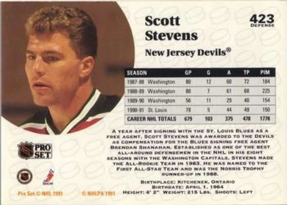 1991-92 Pro Set #423 Scott Stevens hockey card New Jersey Devils collectible item