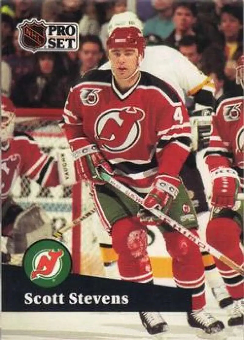 Scott Stevens New Jersey Devils hockey card in red and white uniform, 1991-92 Pro Set