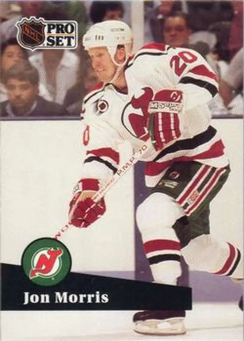 NHL Pro Set hockey card of Jon Morris in New Jersey Devils jersey, 1991-92 edition