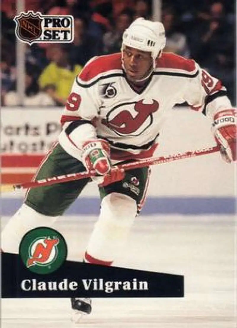 NHL Pro Set hockey card of Claude Vilgrain in New Jersey Devils white and red jersey