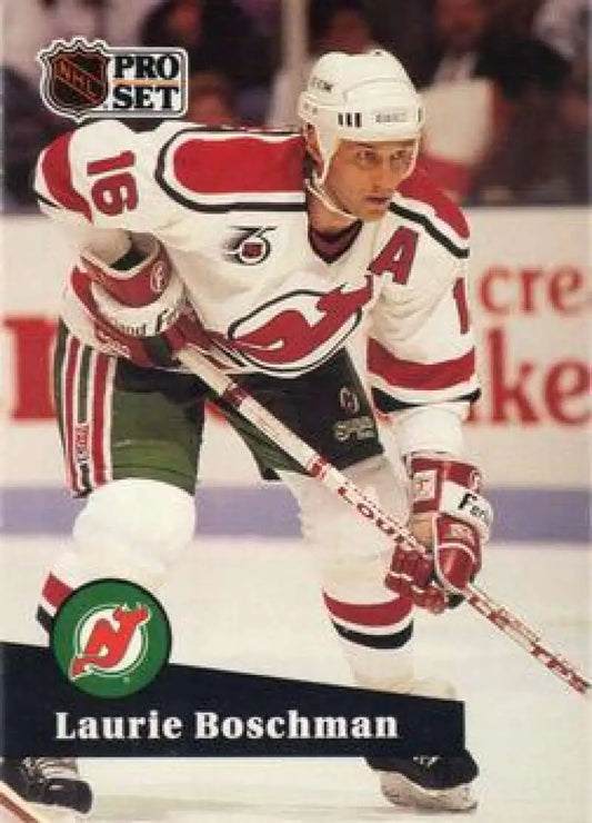 NHL Pro Set hockey card of Laurie Boschman in New Jersey Devils white jersey