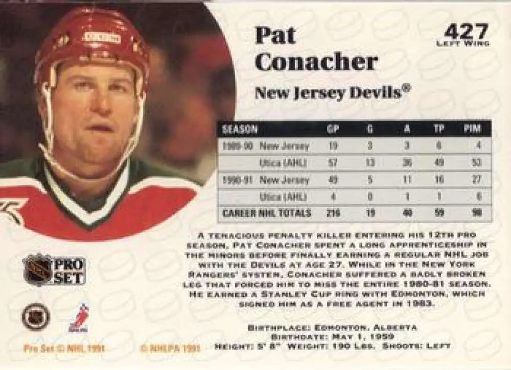 Hockey card of Pat Conacher in red New Jersey Devils jersey, 1991-92 Pro Set #427