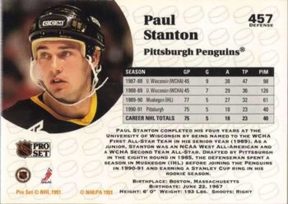 1991-92 Pro Set #457 Paul Stanton Pittsburgh Penguins hockey card with black helmet