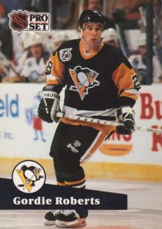 NHL Pro Set hockey card of Gordie Roberts in Pittsburgh Penguins black and gold uniform